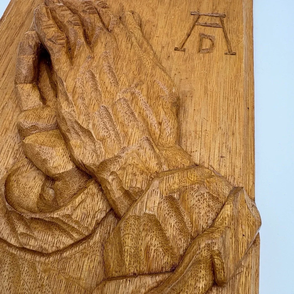 VTG Praying Hands Wall Wooden Plaque, Religious Decor, Hand Carved 9